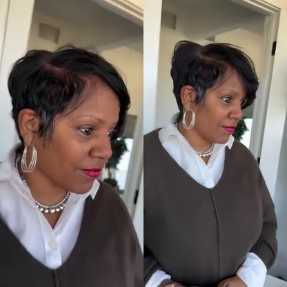 Full Lace Natural Hairline Short Pixie Glueless Wig With Long Bangs