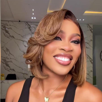 Dark Brown Blonde Highlighted Side Parted Curls Bob 13×4 Lace Frontal Wig