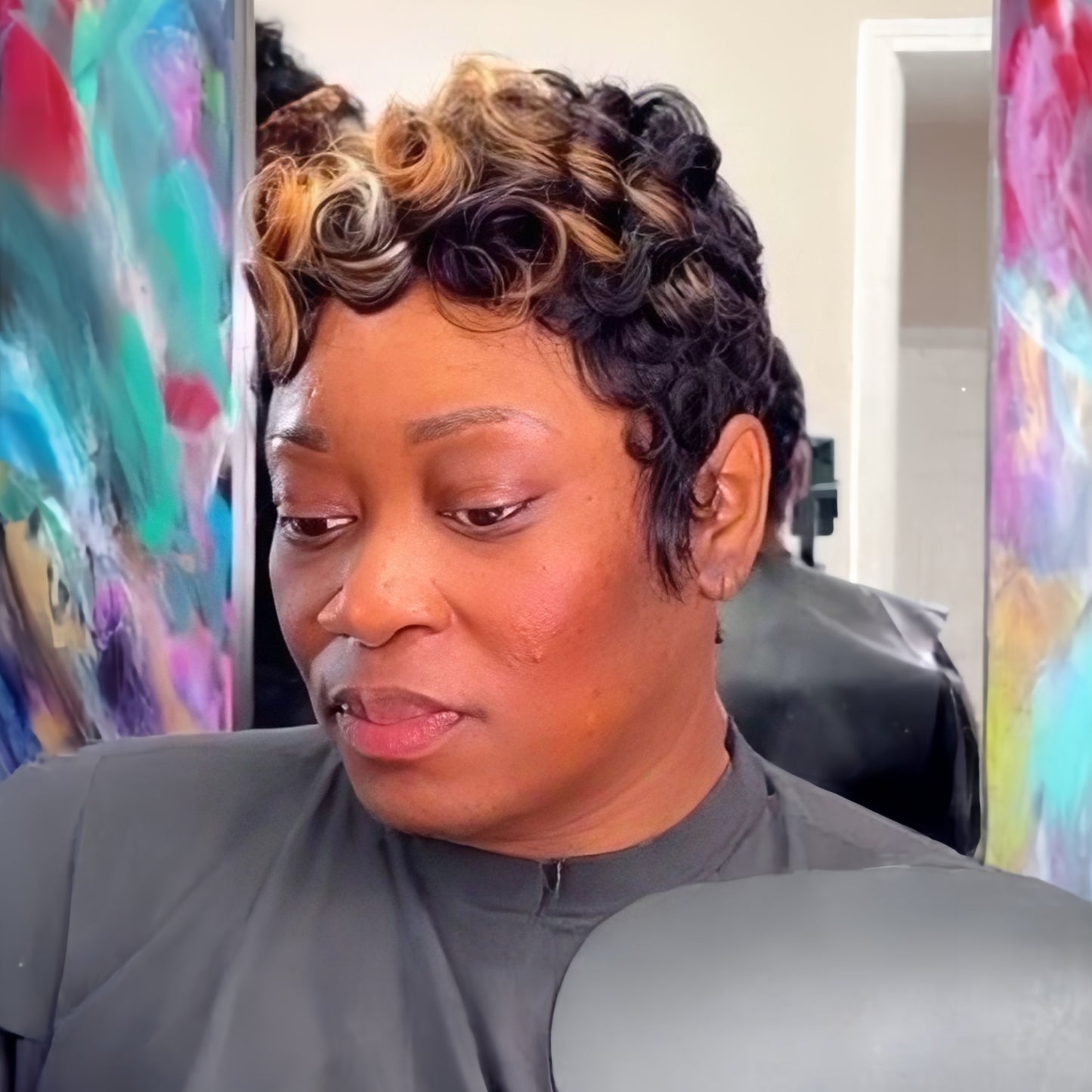 Blonde Black Highlighted Finger Wave Pixie Cut 13×4 Lace Frontal Wig