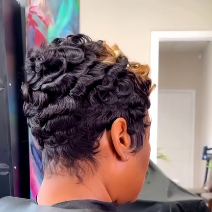 Blonde Black Highlighted Finger Wave Pixie Cut 13×4 Lace Frontal Wig