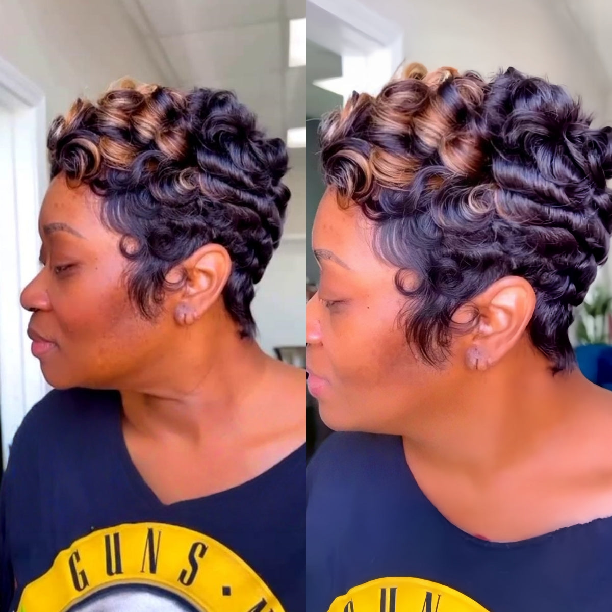 Blonde Black Highlighted Finger Wave Pixie Cut 13×4 Lace Frontal Wig