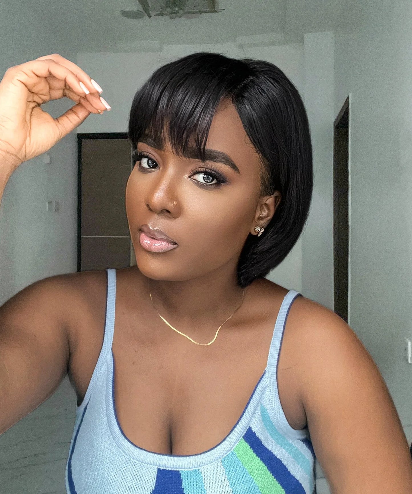 Put on & Go Natural Black Short Glueless Bob Wig With Bangs