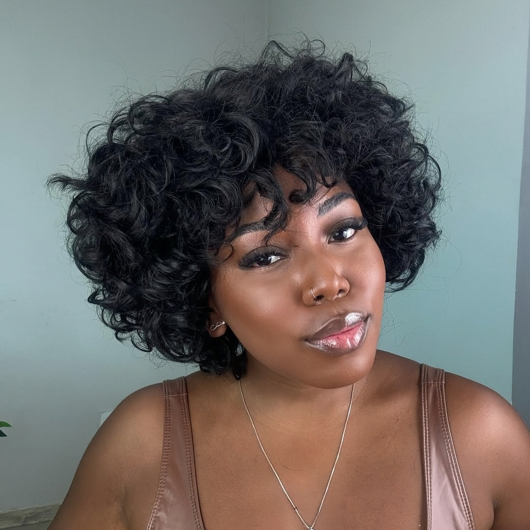 Beginner Friendly Throw On & Go Short Curly Bob Wig With Bang 100% Human Hair