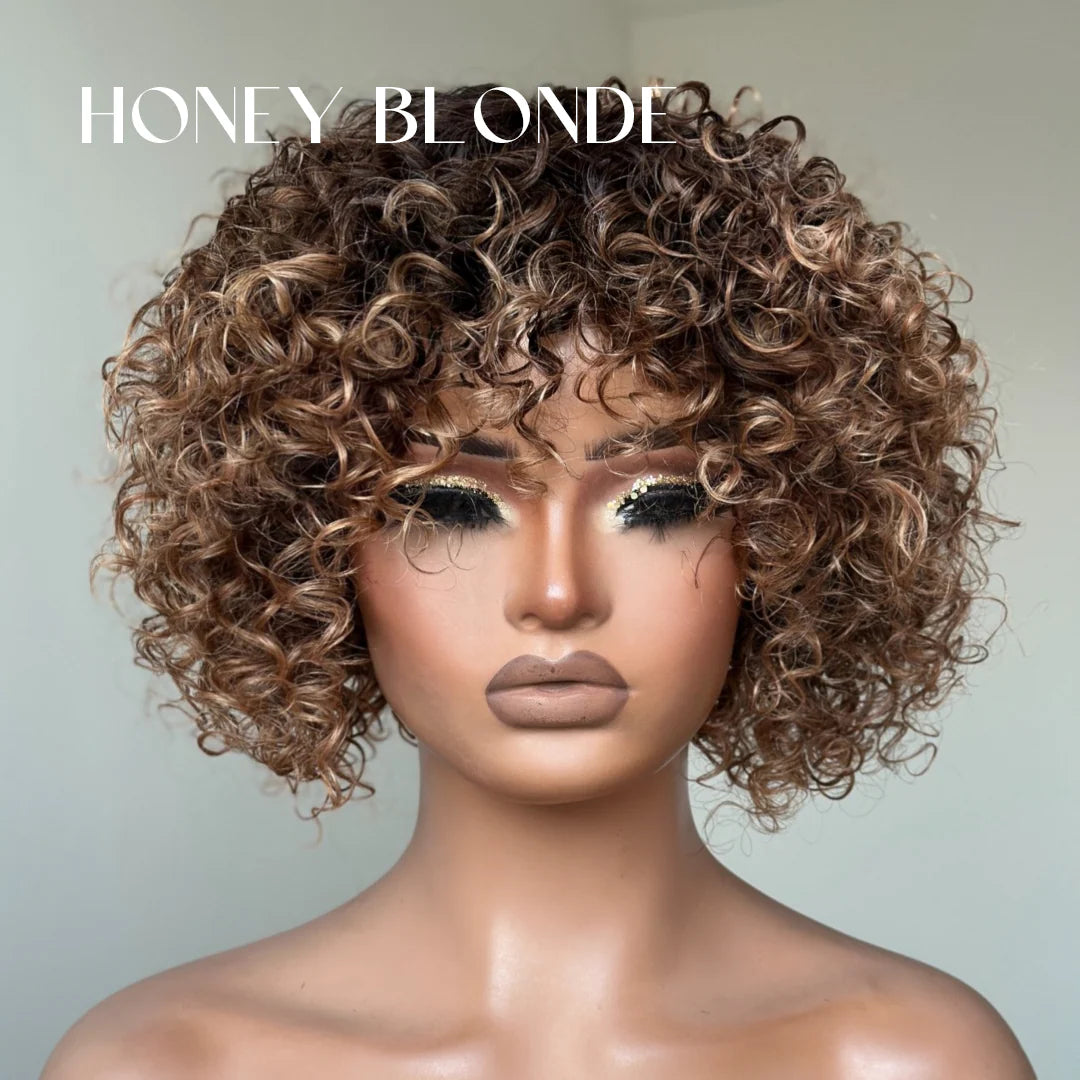 Chic Ombre Mix Color Short Cut Curly Put On & Go Wig 100% Human Hair