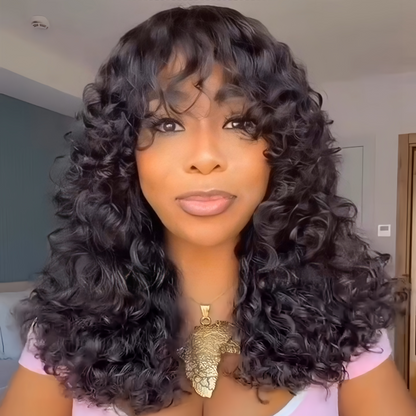 Glueless Curly Wig with Bangs 100% Human Hair Wigs