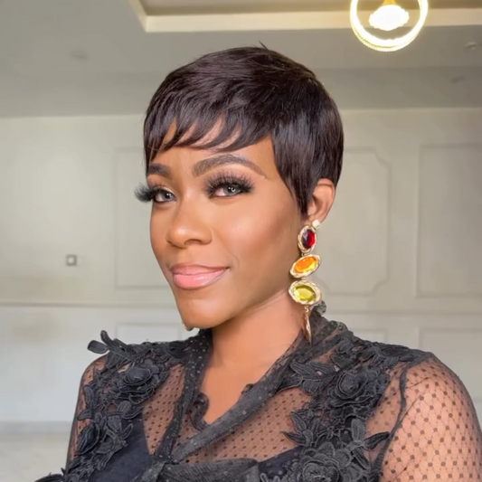 Natural Black Glueless Short Pixie Cut 100% Human Hair Wig With Bangs