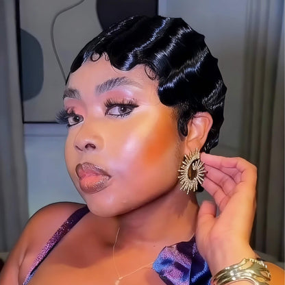 Full Lace Short Black Finger Wave Pixie Wig 100% Human Hair