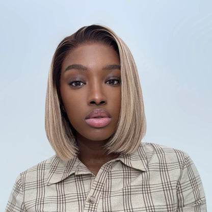 Chic Ash Blonde Highlight 7×5 HD Lace Closure Bob Wig 100% Human Hair