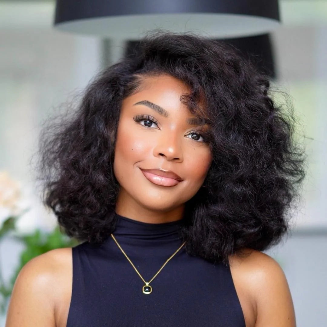 Natural Hairline Side Part Yaki Wavy Bob 13×4 Lace Frontal Wig