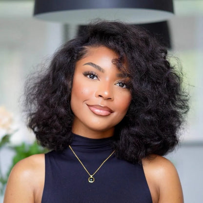 Natural Hairline Side Part Yaki Wavy Bob 13×4 Lace Frontal Wig