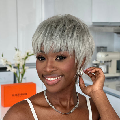 Put on & Go Silver Gray Glueless Pixie With Bangs