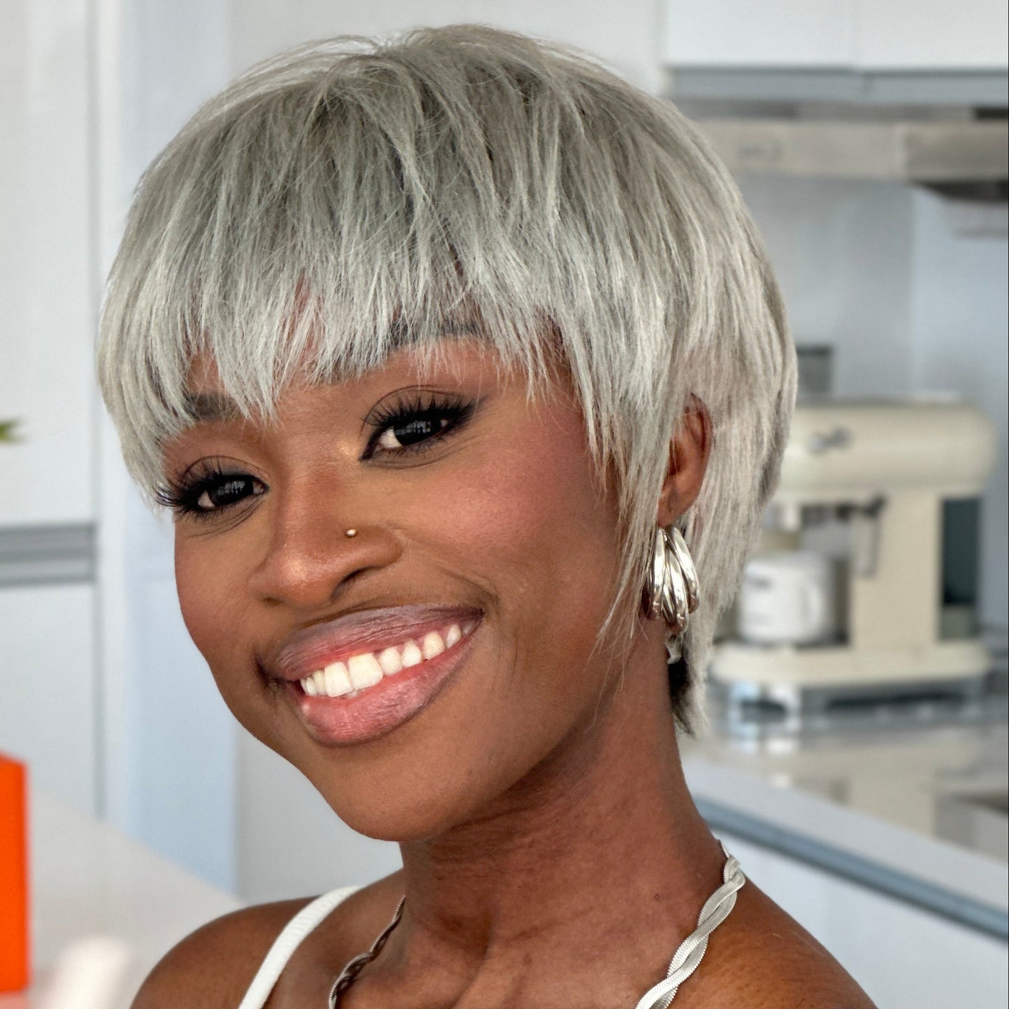Put on & Go Silver Gray Glueless Pixie With Bangs