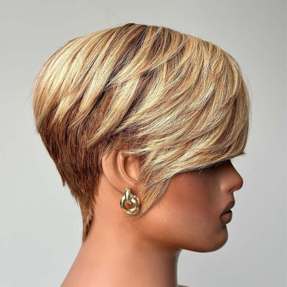 Blonde Highlight With Brown Short Pixie Cut Glueless Long Bangs Wig