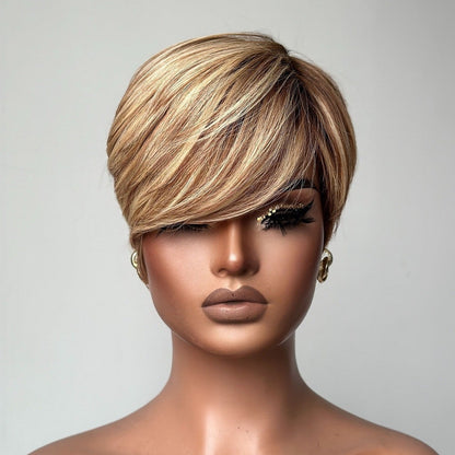 Blonde Highlight With Brown Short Pixie Cut Glueless Long Bangs Wig