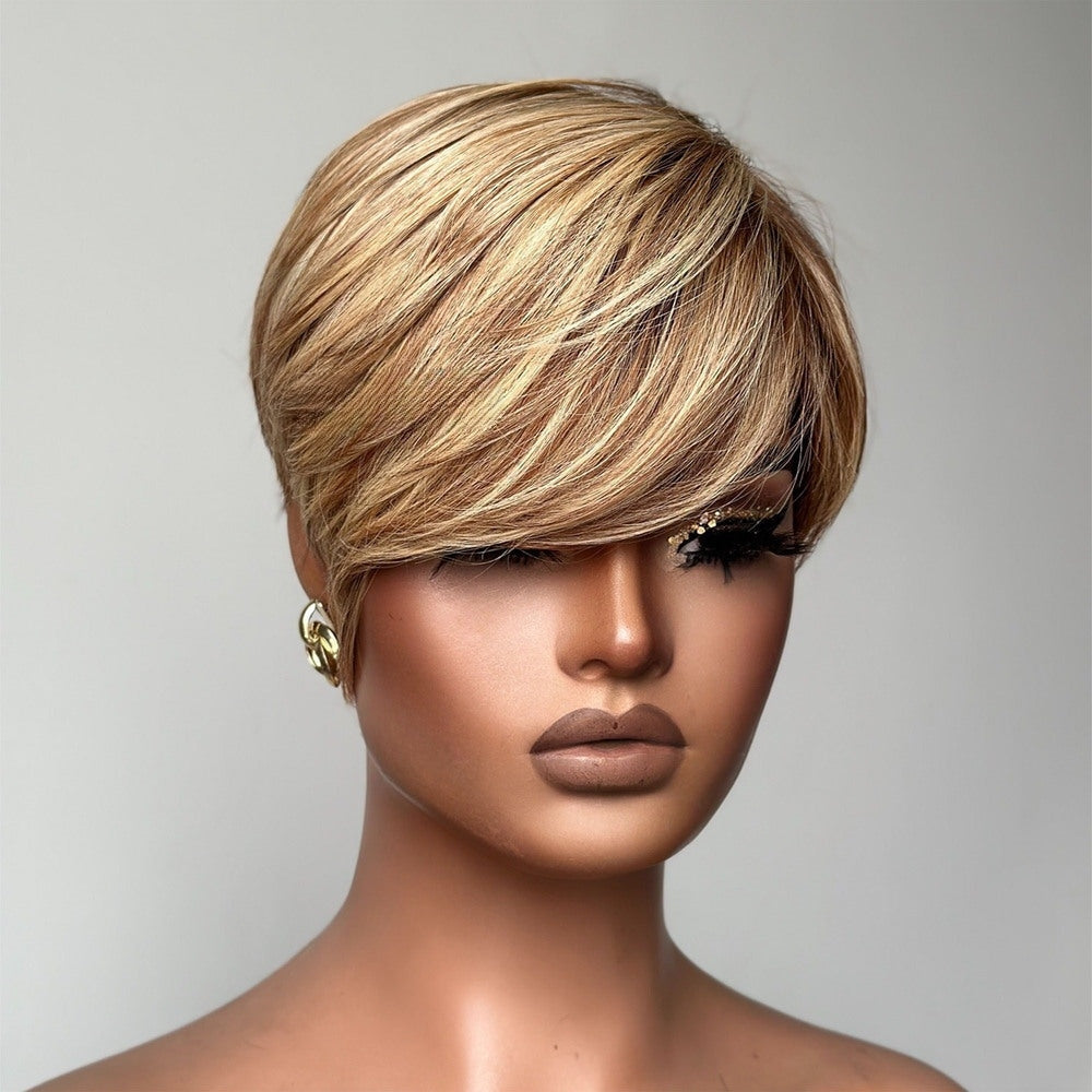 Blonde Highlight With Brown Short Pixie Cut Glueless Long Bangs Wig