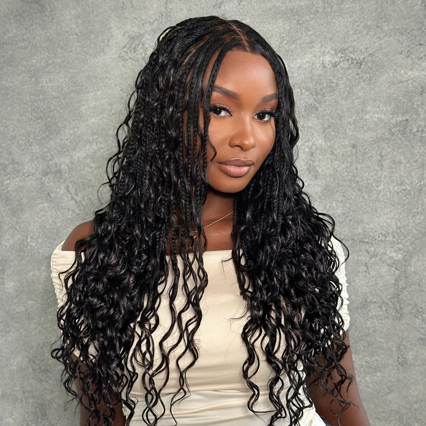 Gorgeous Full Lace Knotless Boho Curls Braided Invisi Drawstring Wig