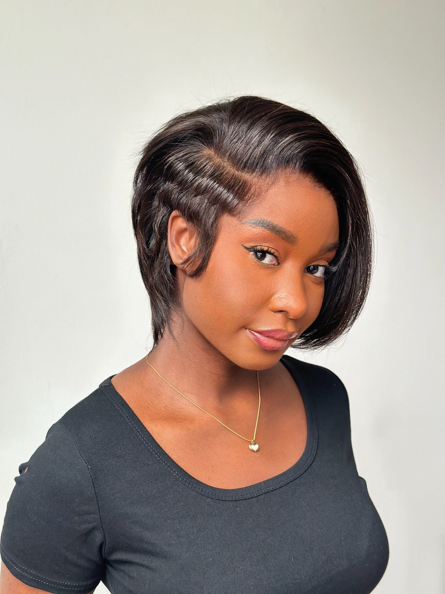 Full Lace Natural Realistic Side Parted Pixie Wig With Long Bangs