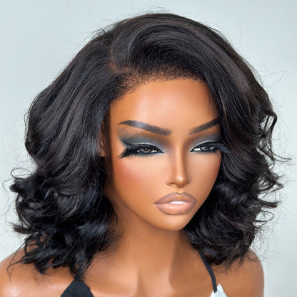 Natural Hairline Side Part Yaki Wavy Bob 13×4 Lace Frontal Wig