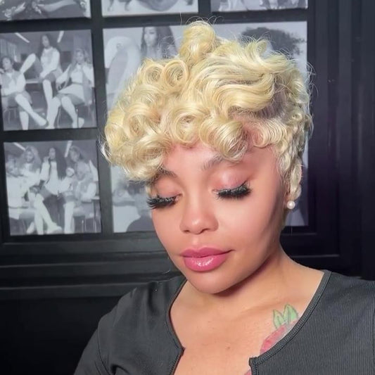 Blonde Pin Curly Finger Wave Short Glueless 13×4 Lace Frontal Wig