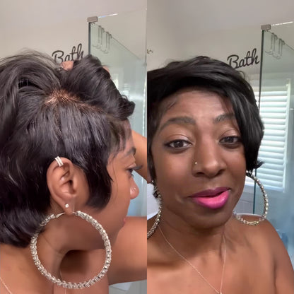 Full Lace Natural Hairline Short Pixie Glueless Wig With Long Bangs
