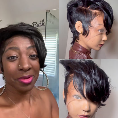 Full Lace Natural Hairline Short Pixie Glueless Wig With Long Bangs