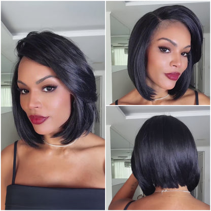 Natural Black  Side Part Short Layered Bob Wig 100% Human Hair