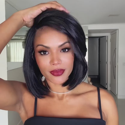 Natural Black  Side Part Short Layered Bob Wig 100% Human Hair