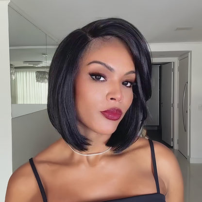 Natural Black  Side Part Short Layered Bob Wig 100% Human Hair