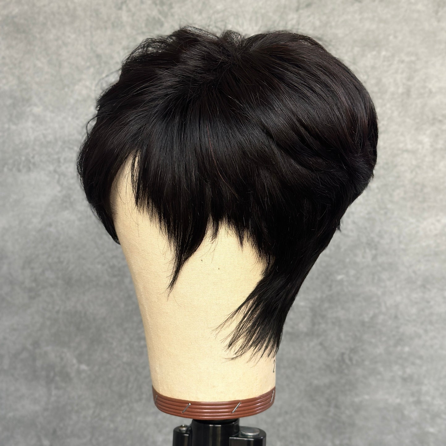 No Lace Put On & Go Natural Black Short Pixie Glueless Wig With Bangs