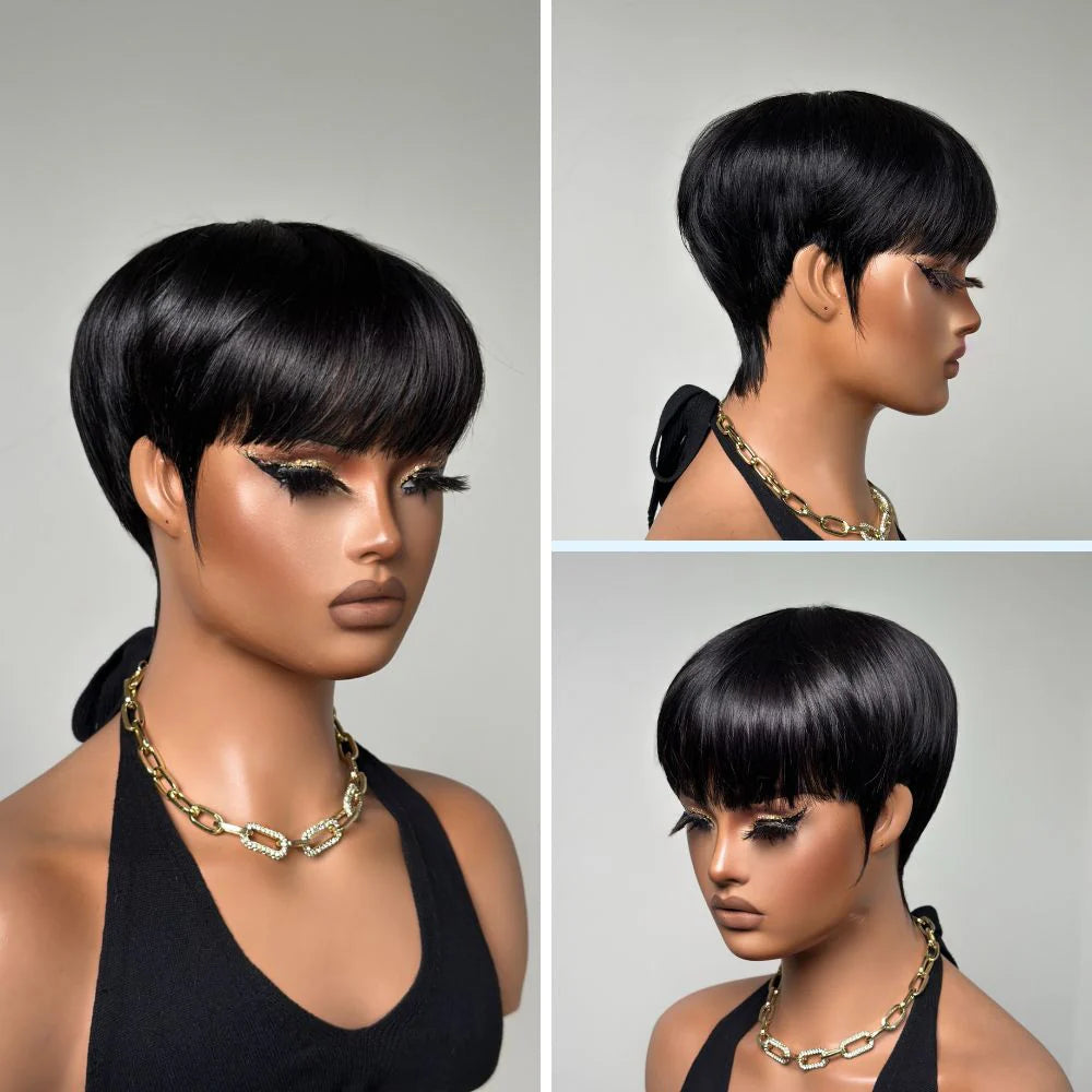 Put on & Go Natural Black Short Pixie Hair Bowler Cut Wig
