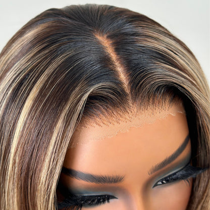 Blonde Highlight Short Layered Bob Adjustable Velcro Wig