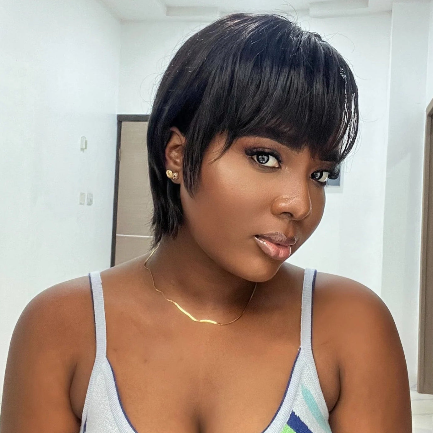 Put on & Go Natural Black Short Glueless Bob Wig With Bangs