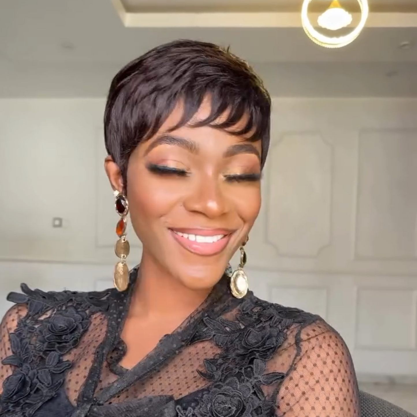 Natural Black Glueless Short Pixie Cut 100% Human Hair Wig With Bangs