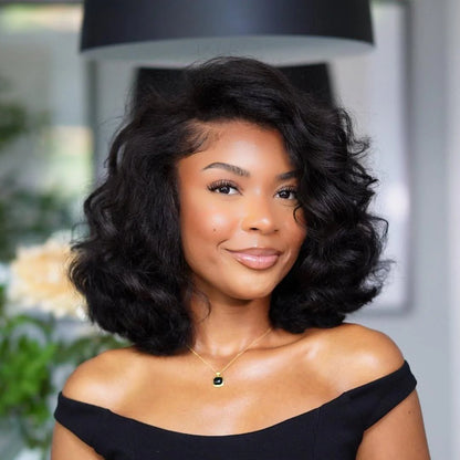 Natural Hairline Side Part Yaki Wavy Bob 13×4 Lace Frontal Wig