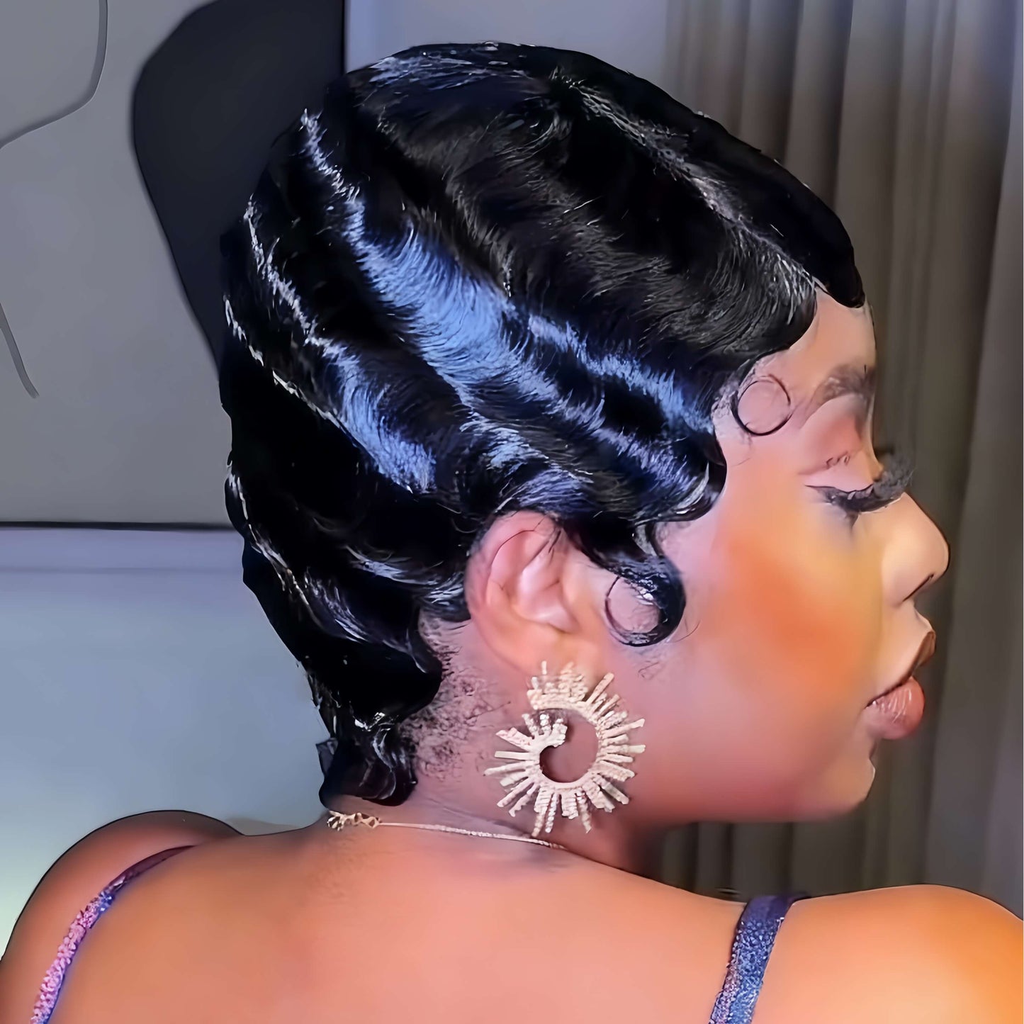 Full Lace Short Black Finger Wave Pixie Wig 100% Human Hair