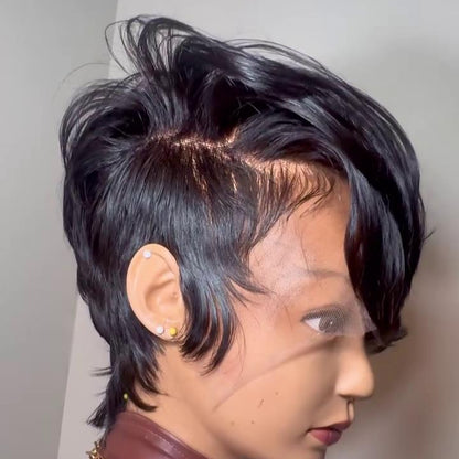 Full Lace Natural Hairline Short Pixie Glueless Wig With Long Bangs