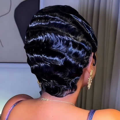 Full Lace Short Black Finger Wave Pixie Wig 100% Human Hair