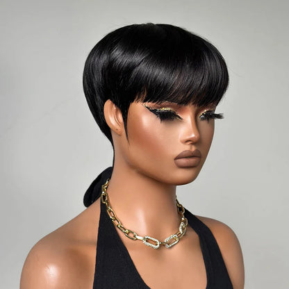 Put on & Go Natural Black Short Pixie Hair Bowler Cut Wig