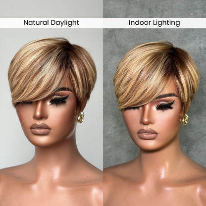 Blonde Highlight With Brown Short Pixie Cut Glueless Long Bangs Wig