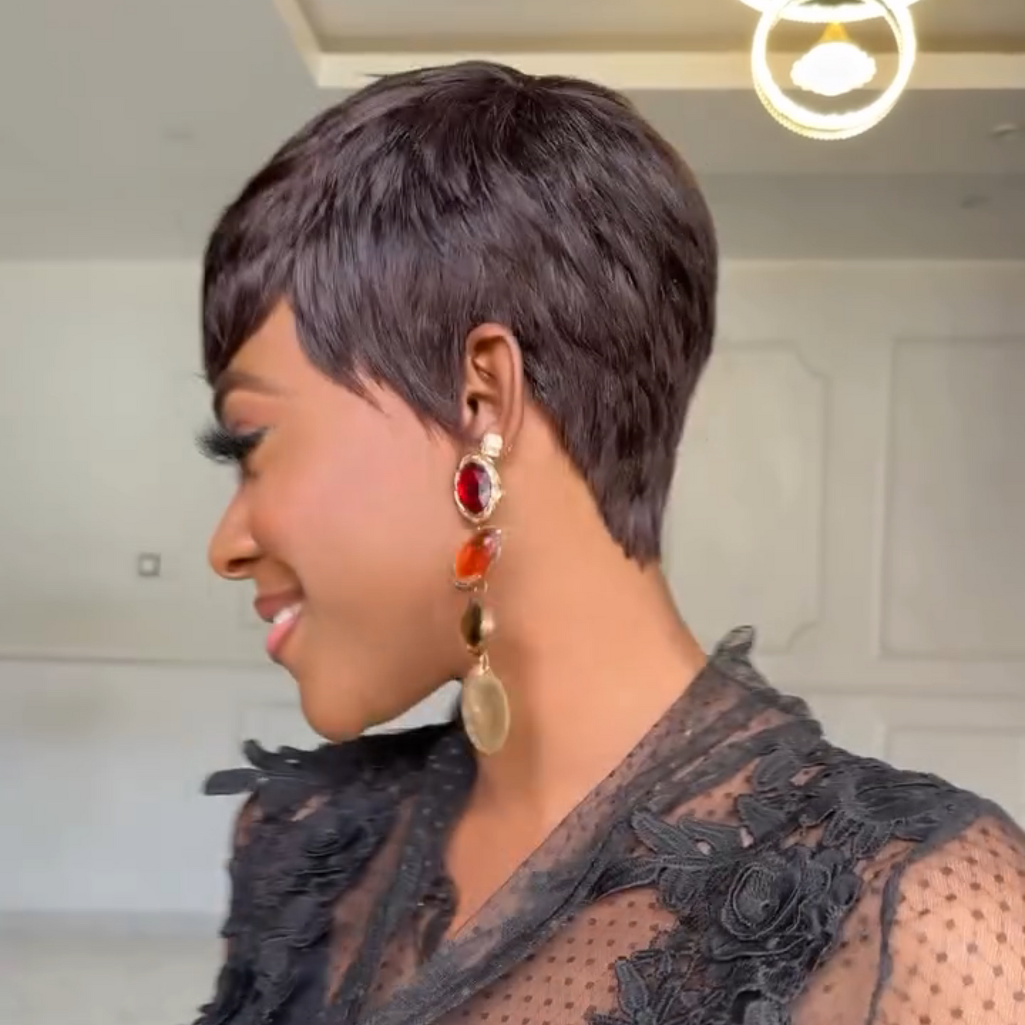 Natural Black Glueless Short Pixie Cut 100% Human Hair Wig With Bangs