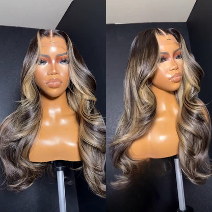 Ombre Highlight Blonde Layered Wavy Middle Part Lace Front Wig