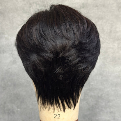 No Lace Put On & Go Natural Black Short Pixie Glueless Wig With Bangs
