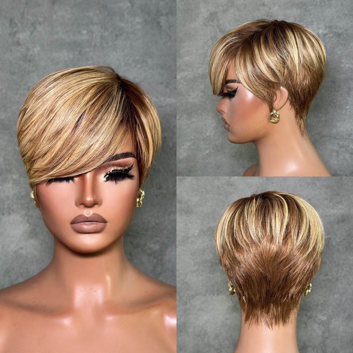 Blonde Highlight With Brown Short Pixie Cut Glueless Long Bangs Wig