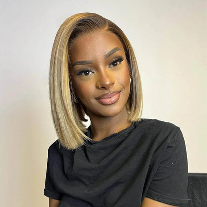 Chic Ash Blonde Highlight 7×5 HD Lace Closure Bob Wig 100% Human Hair