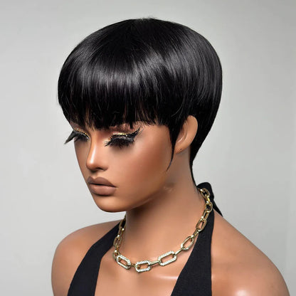 Put on & Go Natural Black Short Pixie Hair Bowler Cut Wig