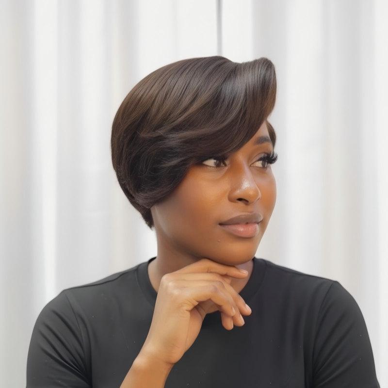 Natural Black Side Part Pixie Cut Glueless 13×4 Lace Frontal Wig
