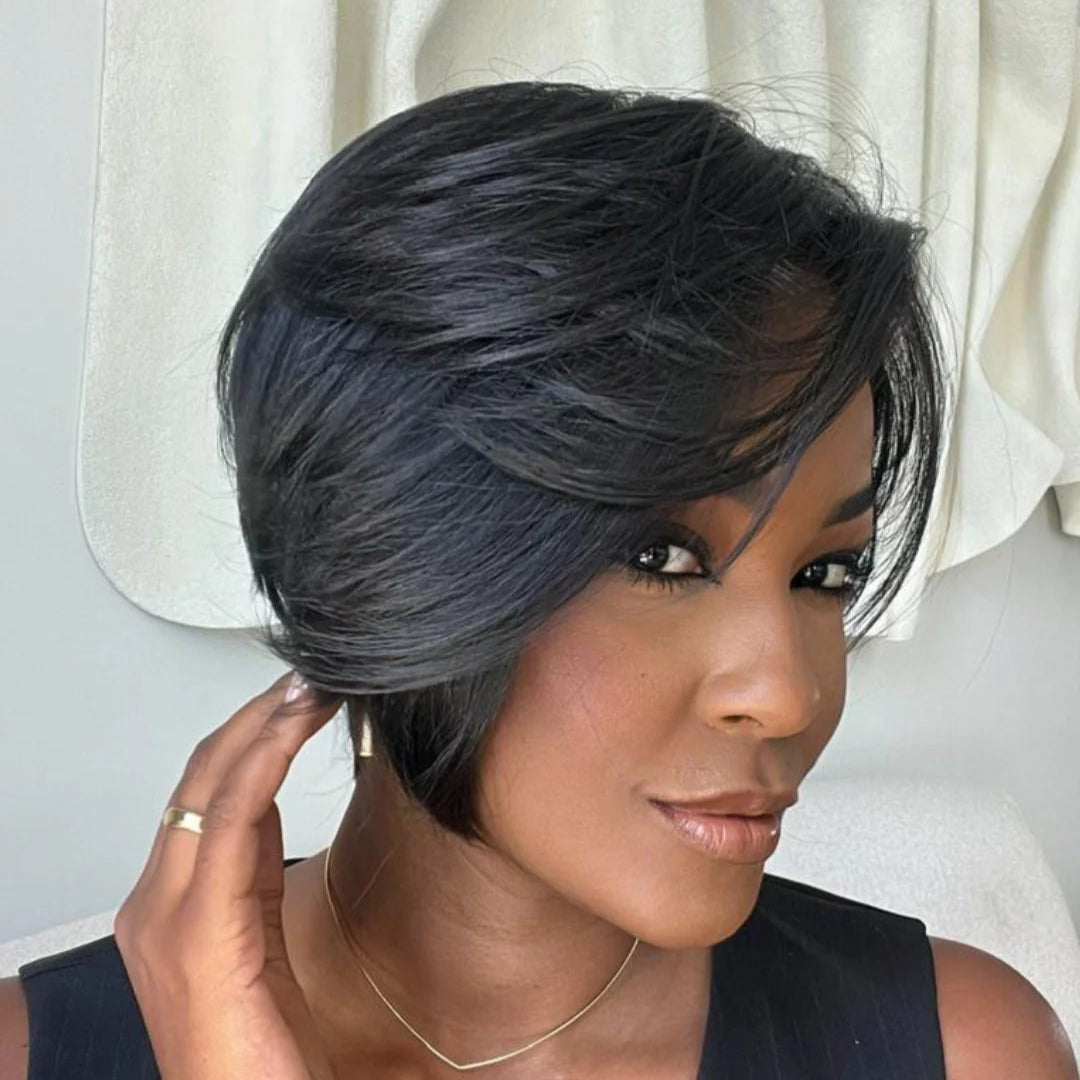 Short Hair Pixie Cut Style Wig With Side Long Bangs