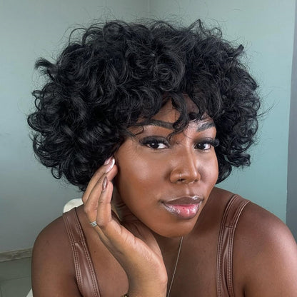 Beginner Friendly Throw On & Go Short Curly Bob Wig With Bang 100% Human Hair