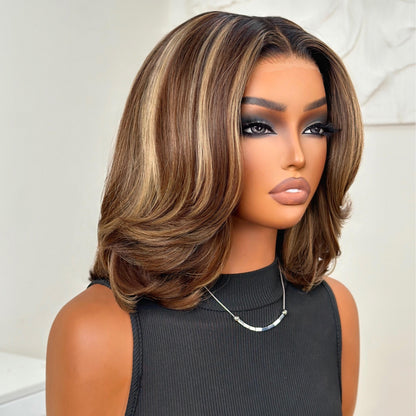 Blonde Highlight Short Layered Bob Adjustable Velcro Wig