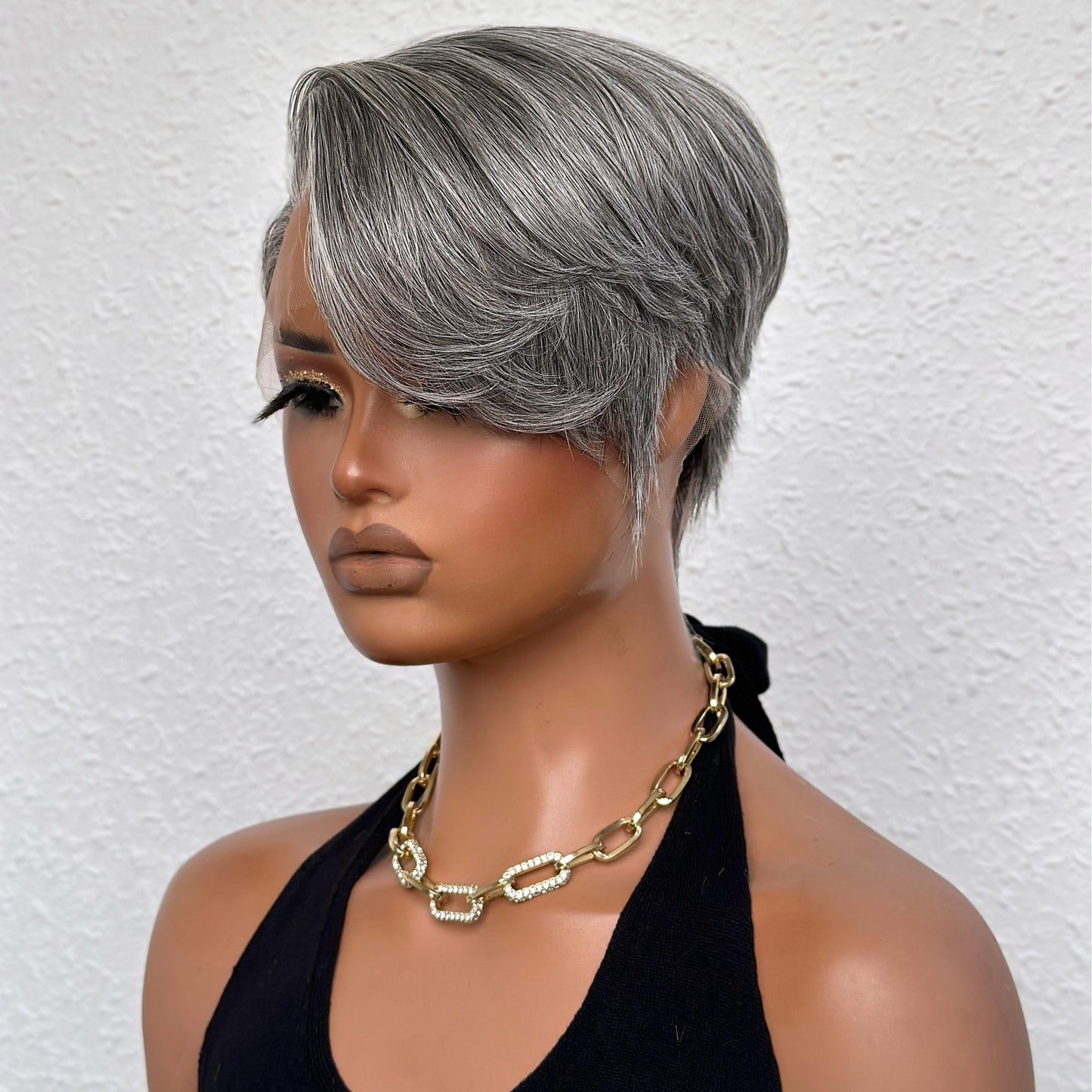 Salt And Pepper Side Part Pixie Cuts 13x4 Frontal Lace Wig